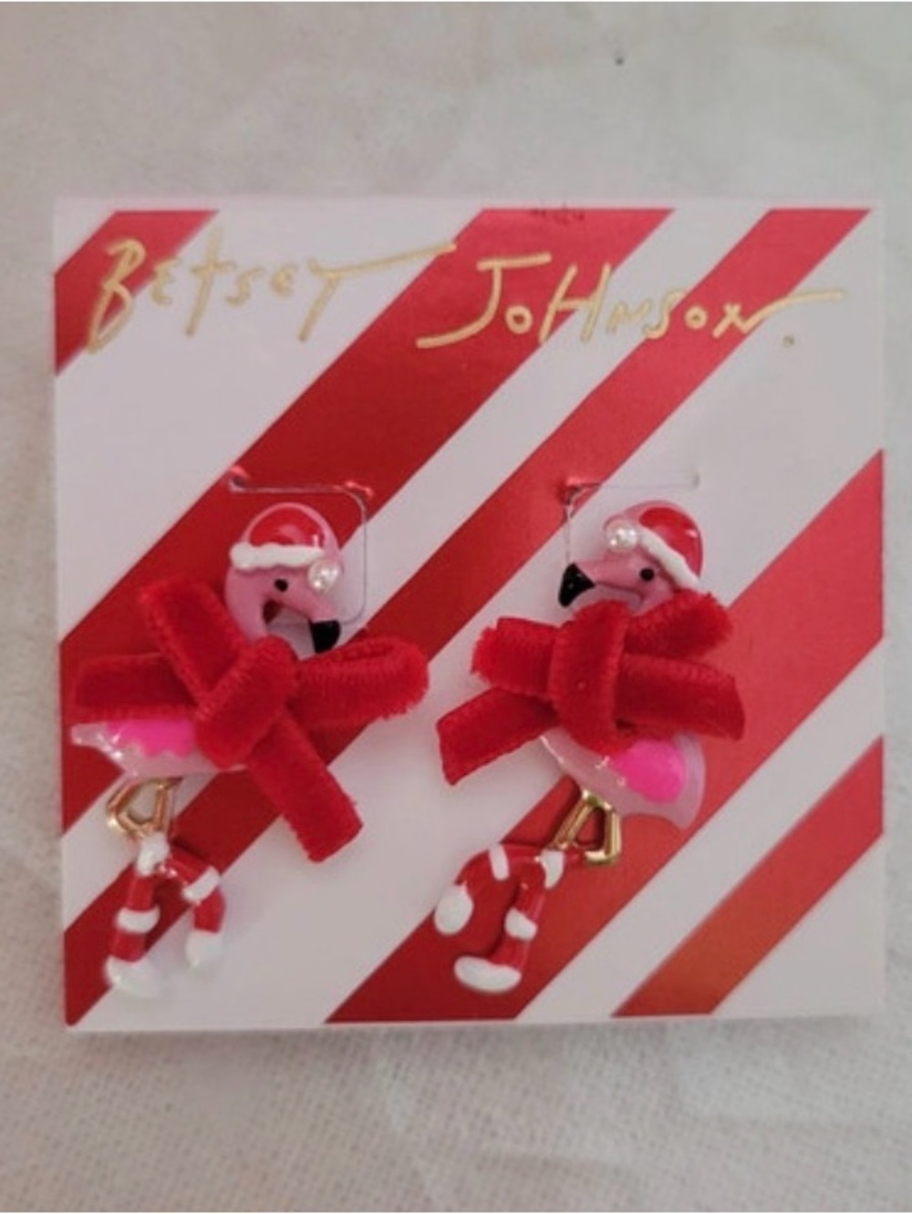 BETSEY JOHNSON Christmas Holiday Red Velvet Ribbon Flamingo Earrings NEW NWT